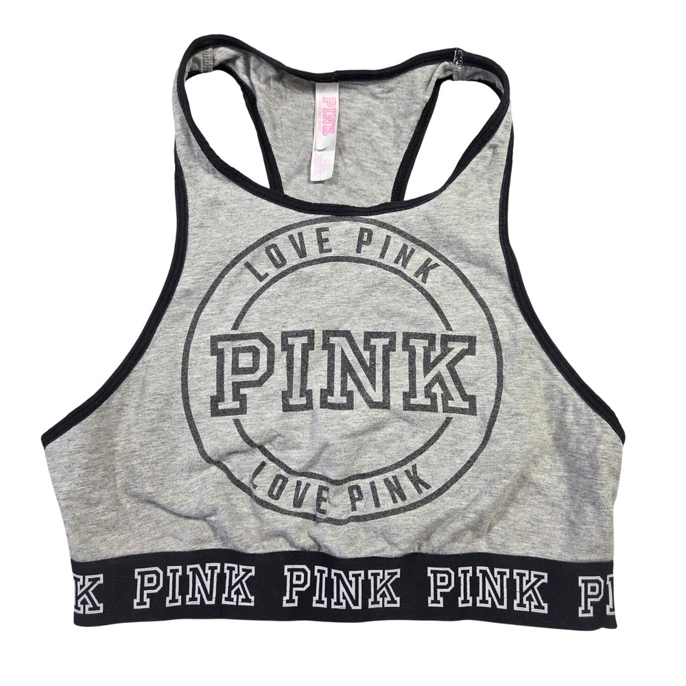 Pink Victoria's Secret Racerback Sports Bra Gray Logo Graphic M Lounge Preppy